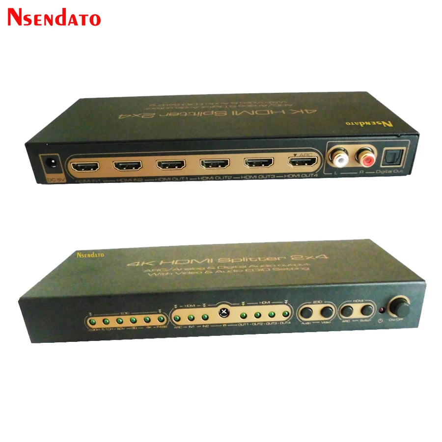 4K HDMI Splitter 2x4 Switcher L/R Audio Video Extractor Converter 2 In 4 Out 5.1CH EDID ARC Analog&