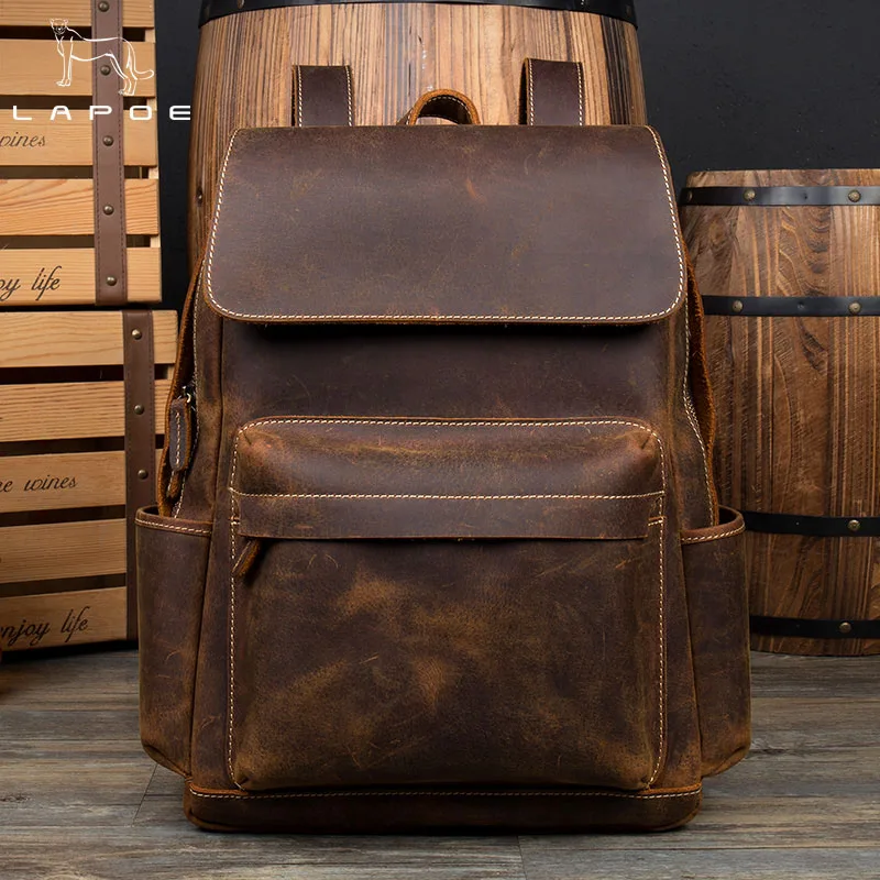 Mochila de cuero de Caballo Loco genuino de LAPOE mochila de hombre de la vendimia mochila de viaje de la escuela mochila de hombre moda Mochila de cuero de Caballo Loco genuino de LAPOE mochila de hombre de la vendimia mochila de viaje de la escuela mochila de hombre moda