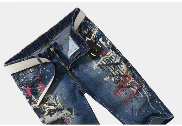 Sokotoo мужская мода Тонкий волк печати повседневные мужские джинсы до колена стрейч джинсовые шорты