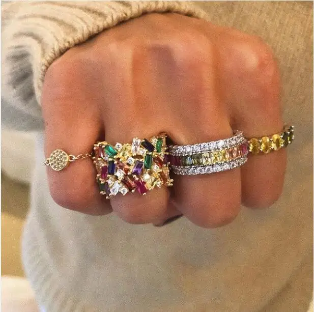 

Exquisite Shinny Rainbow Rings Fashion Korean New 3 Rows Colorful Cubic Zircon Women Finger Jewelry Ring Size 6 7 8 Wedding Ring