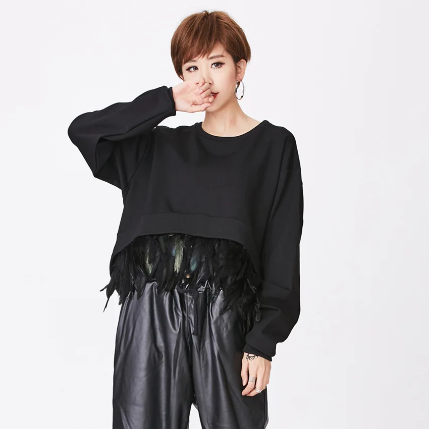 

Woman girl Spring autumn feathers removable stitching front long-sleeved T-shirt tide section 102530 tops
