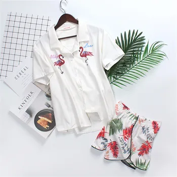 

Women pijama sets cute flamingo flowers leaves printed turn-down collar high quality cotton elegant sweet pajiamas for ladies