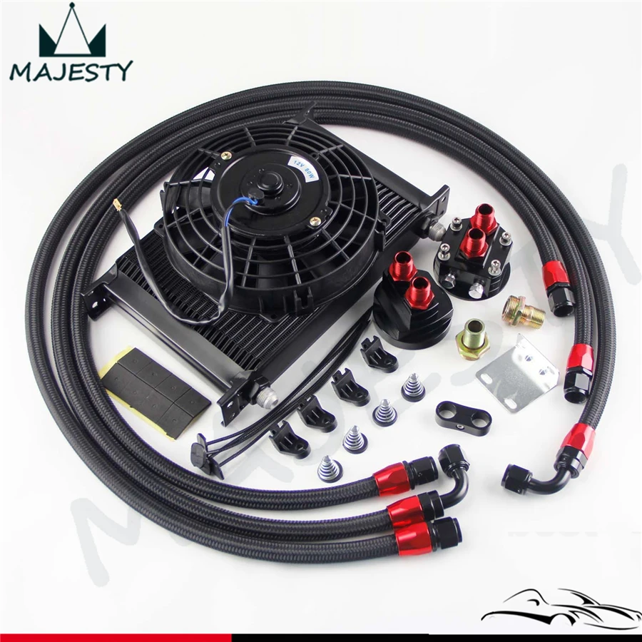 

25 Row AN8 Engine Oil Cooler /Filter Relocation hose + 7" Electric Fan Kit BK