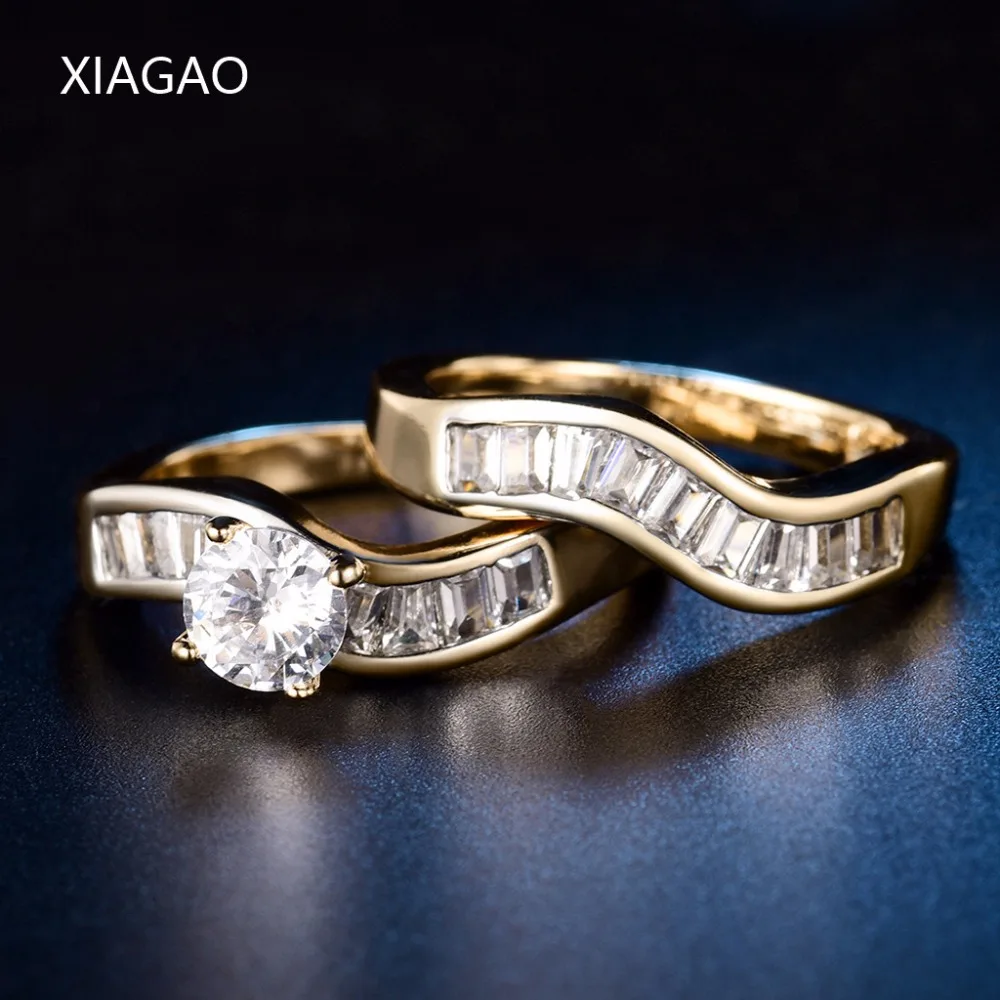 

XIAGAO Romantic Wedding Finger Ring Female Gold Color Ring Set for Women Bride Wave Engagement Jewelry Bague Femme Ring Setting