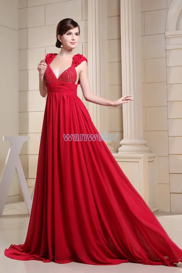 Новое поступление горячей продажи бисером v-образным вырезом custommade цвет ремень плюс размер длинные платья красного шифона вечерние платья