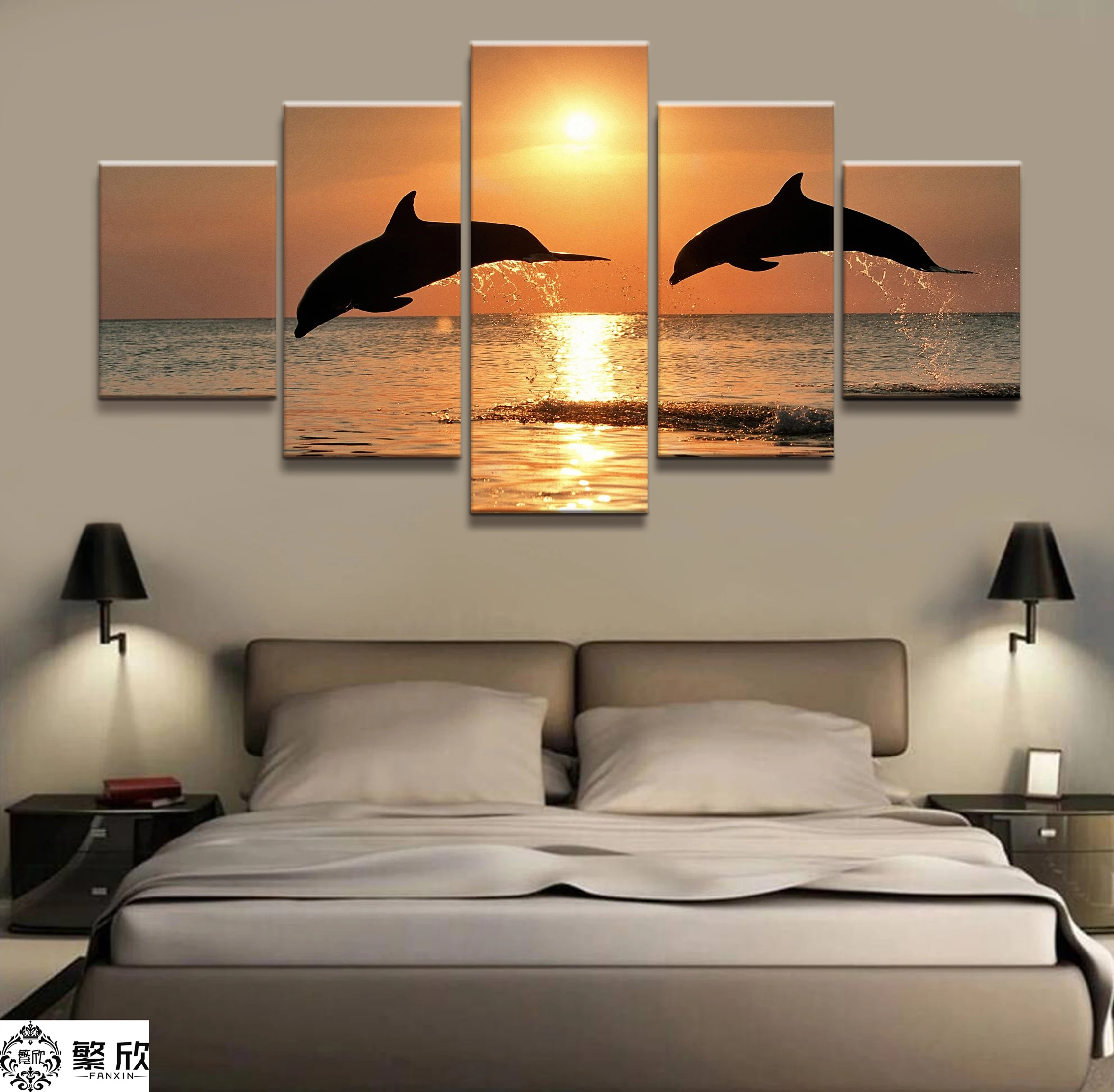 

Home Decor Modular Canvas Picture 5 Piece Sunset Dolphin Cruise Scenery Painting Poster Wall For Home Canvas Painting Wholesale
