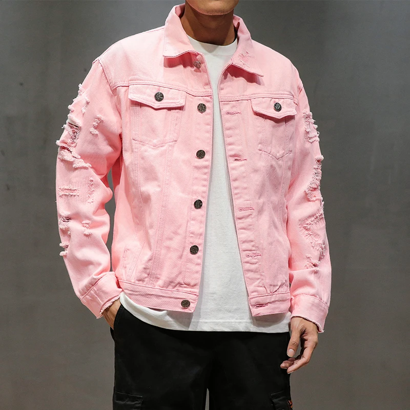 WJCCY M- 5XL Denim Jacket Men Ripped Holes Mens Pink Jean Jackets Garment  Washed Mens Denim Coat (Color : A, Size : L)