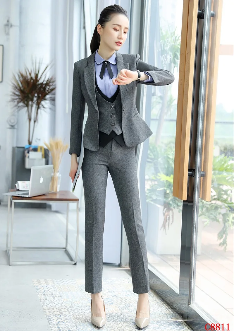 Fashion Formal Women Business Suits 3 Piece Vest, Pant and Jacket Sets Work Wear Ladies Grey Waistcoat OL Styles Fashion Formal Women Business Suits 3 Piece Vest, Pant and Jacket Sets Work Wear Ladies Grey Waistcoat OL Styles
