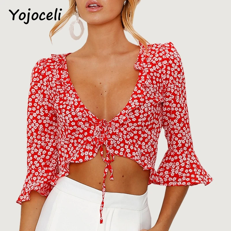 Yojoceli 2018 весенние женские блузки с принтом рубашка v образный вырез бант оборками
