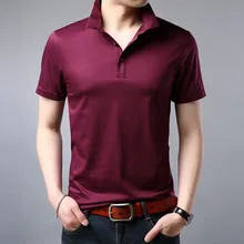 Шелковая однотонная Повседневная рубашка поло, мужская деловая рубашка поло с коротким рукавом, высокое качество, для фитнеса, облегающая Мужская рубашка поло, Летняя мода