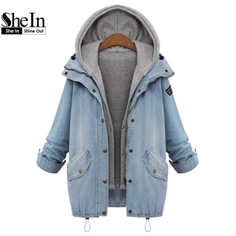 SheIn Blue Hooded Drawstring Boyfriend Trends Jean Swish Pockets Two Piece Outerwear Women Long Sleeve Buttons Coat