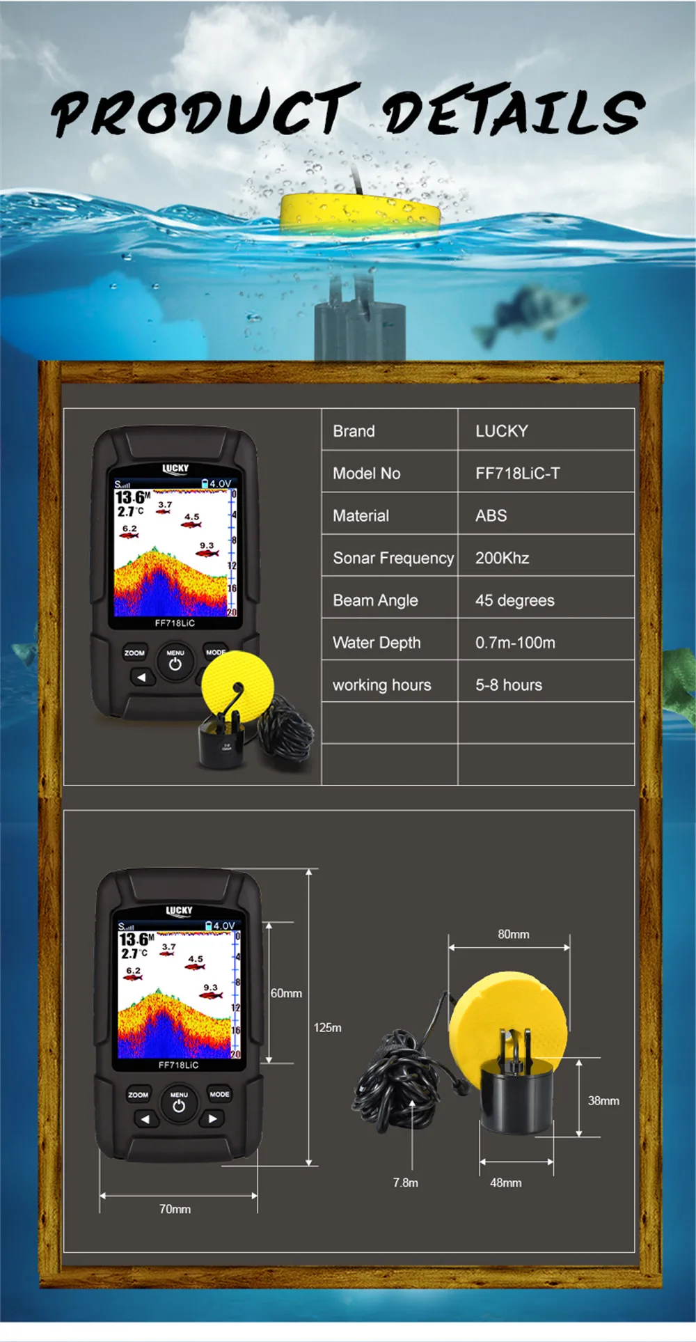 LUCKY Sonar для рыбалки эхолот 328ft/100 m беспроводной глубинные finder Портативный эхо беспроводной рыболокатор FF718LiC-T