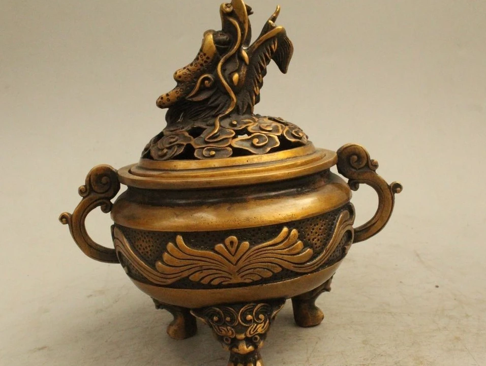 

7" Chinese Qing Dynasty Bronze 3 Foot Bat Dragon Handle Incense Burner Censer
