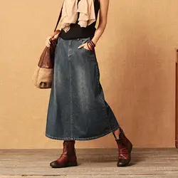 2018 осень Ретро повседневная женская обувь линии джинсовая юбка миди для Для женщин/Винтаж трапециевидной формы ковбойские джинсы длинные