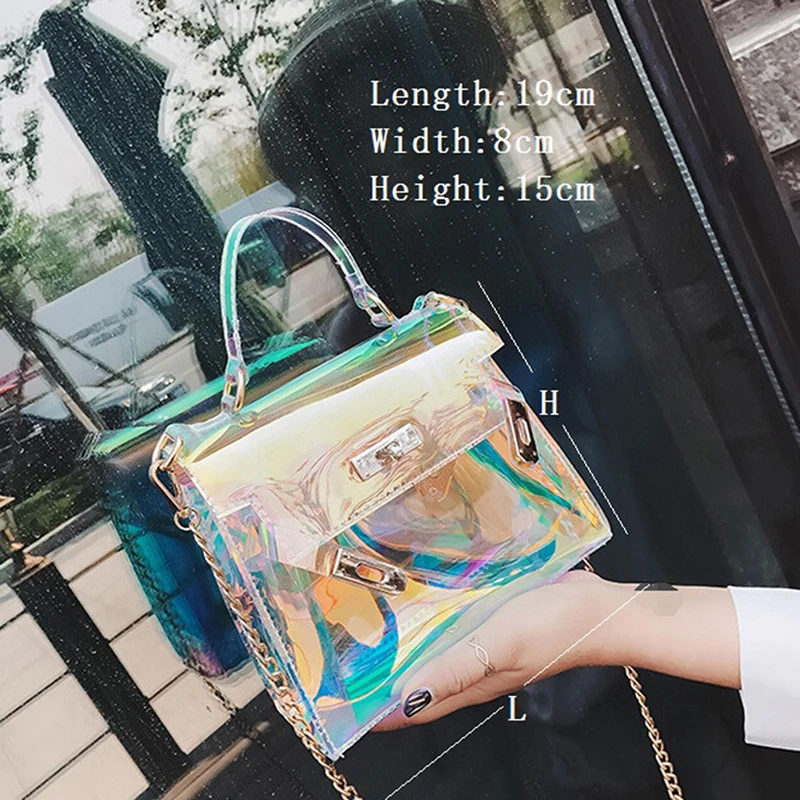 Women Chain Messenger Bag Large Capacity Laser Lock Bag Blue Transparent Handbag Holographic Satchels Lady Purse Clutch