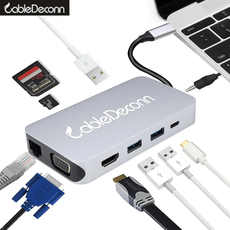 

thunderbolt3 dock usb c hub hdmi ethnernet rj45 vga 3.5mm jack usb 3.0 charge multiport adapter for macbook chromebook Surface