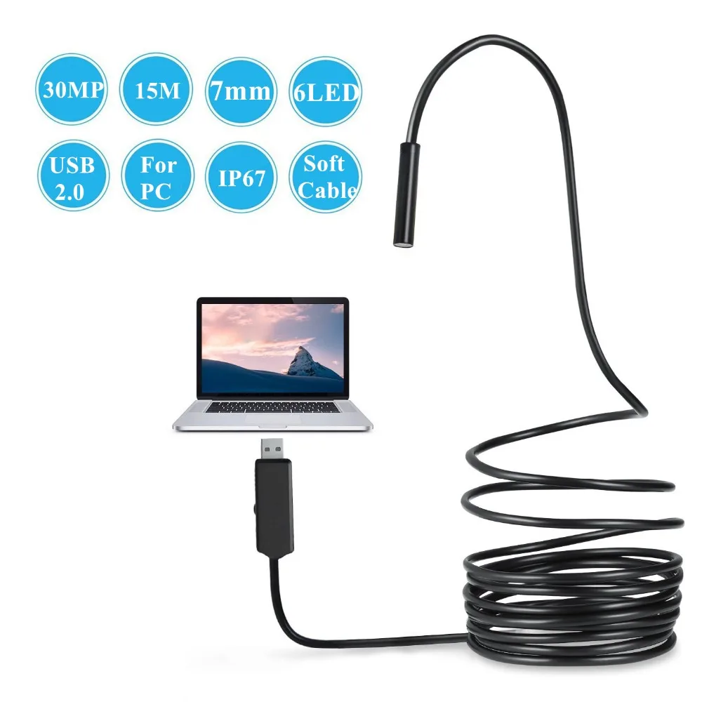 

7mm 15M USB Borescope Waterproof IP67 6 LED 30MP Tube Camera Insprection Endoscope For PC