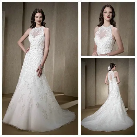 Noiva New Design See Through Corset Wedding Dresses Lace High Collar Bridal Gowns 2014 Custom Made | Свадьбы и торжества