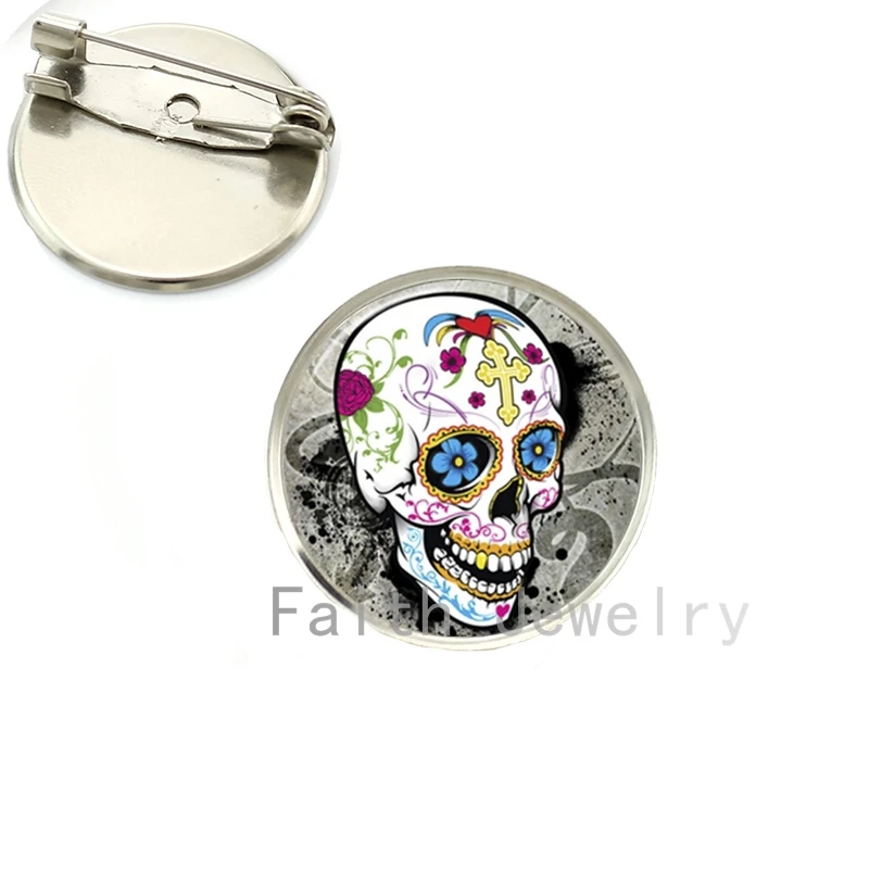 Wholesale fashion Sugar Skull art picture brooches Cross,Rose,Lock
