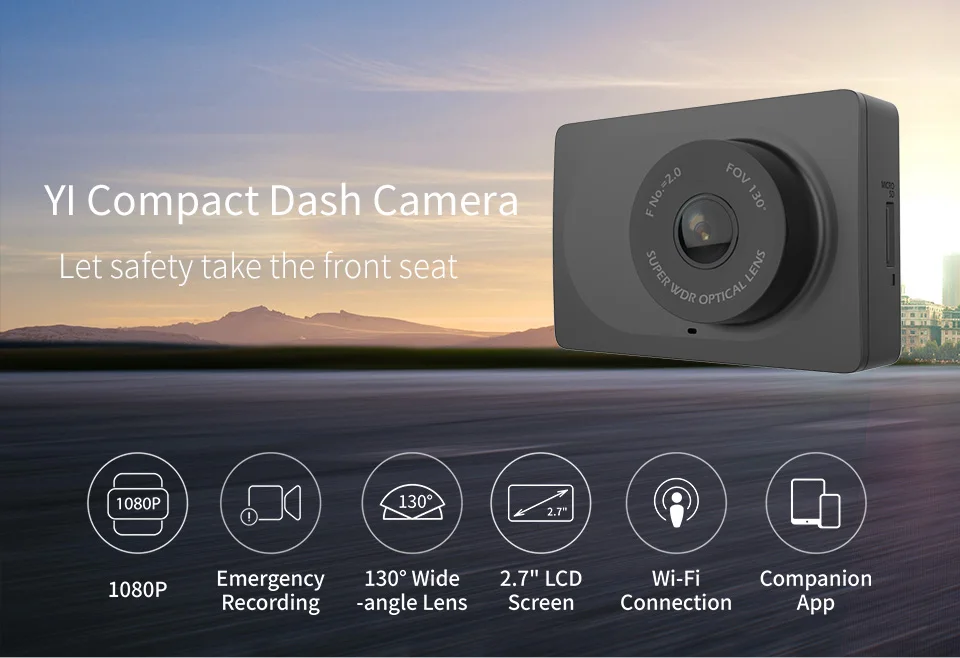 Автомобильный видеорегистратор YI Compact Dash Camera | Разрешение 2.7K | Широкий угол обзора 130° |