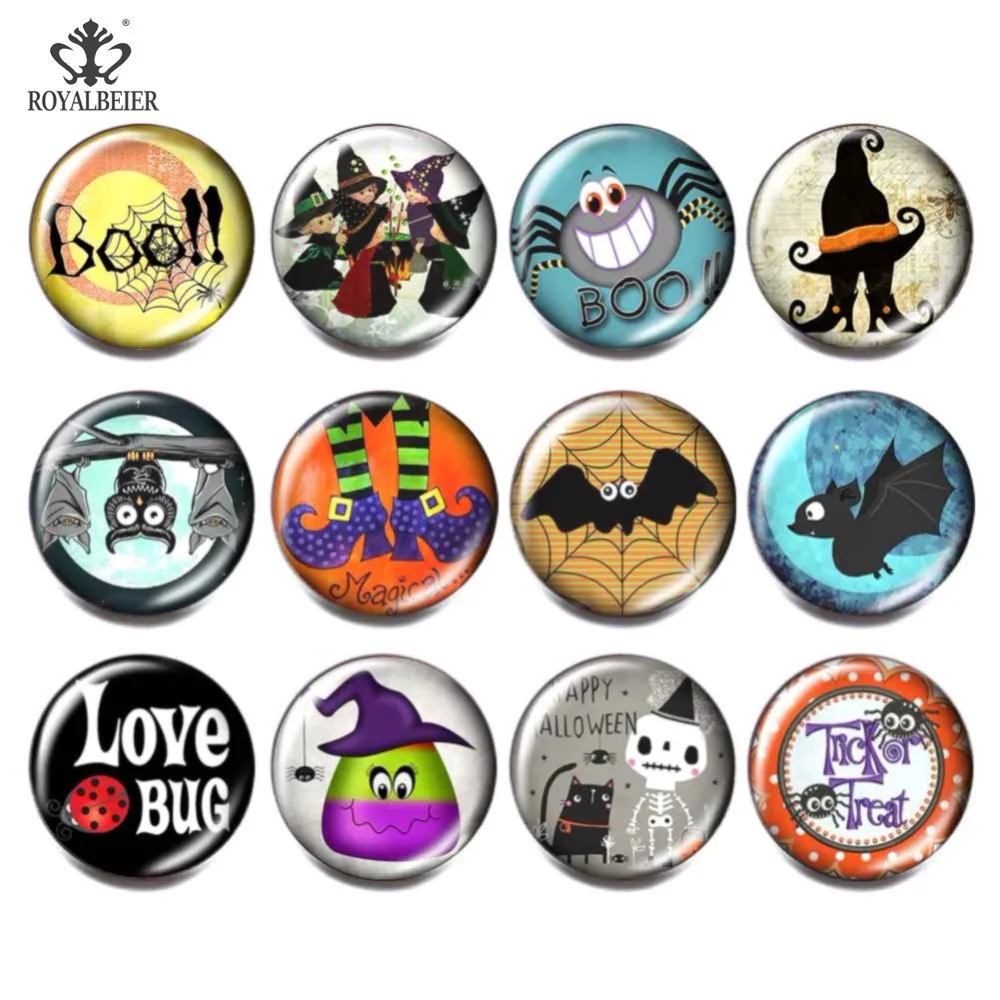 

12pcs/Lot Halloween Snaps Button Skull Tattoo Snap Buttons 18mm Black Cat Glass Snaps Fit DIY Bracelets For Charm Jewelry