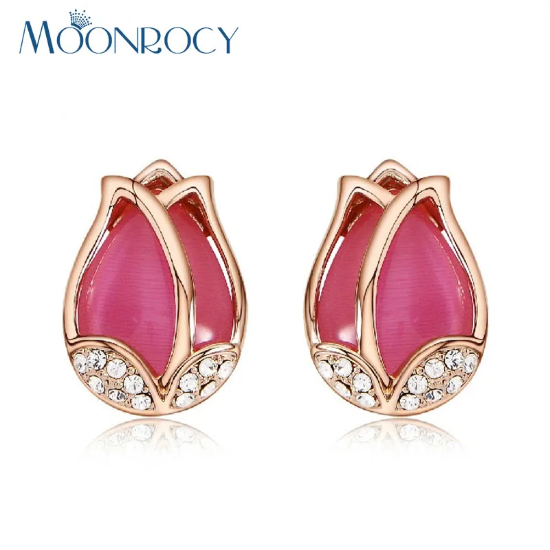 

MOONROCY Free Shipping Fashion Jewelry Cubic Zirconi Rose Gold Color Crystal Tulip Flower Pink Opal Earrings for Women Gift