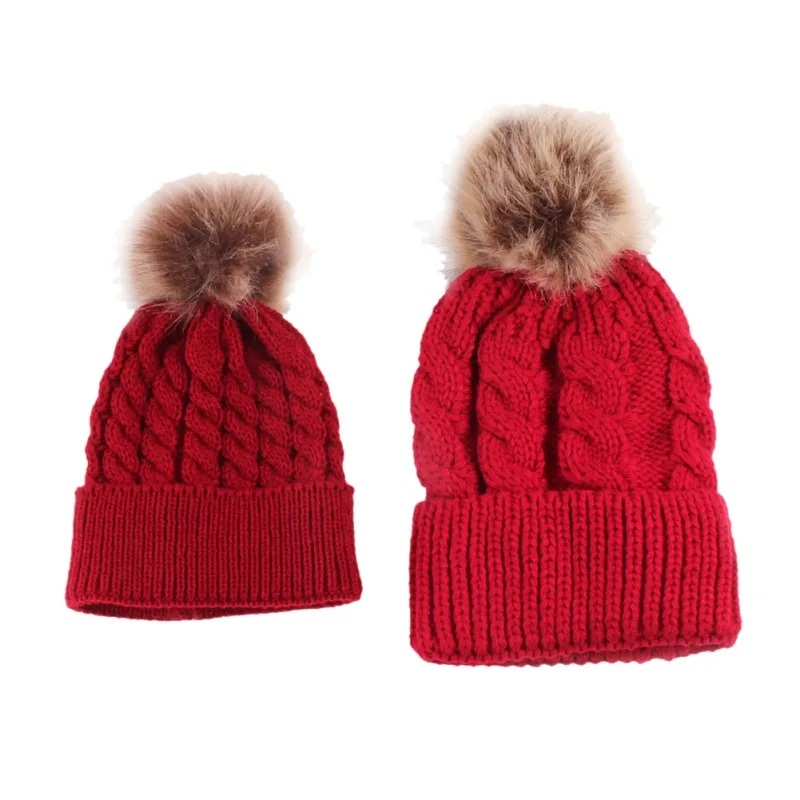 Теплая шапка для мамы и ребенка; зимняя вязаная Лыжная шапка для всей семьи; шапочка мех; шапка с помпоном