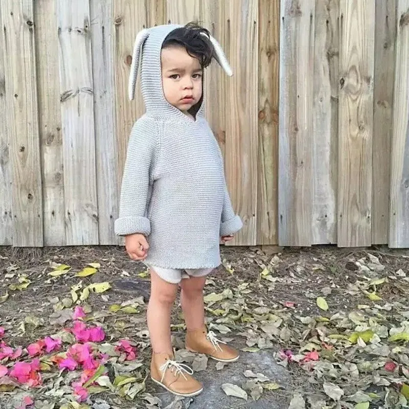 New Autumn Winter Kids Knit Sweater Cotton Rabbit Style Long Ear Hooded Coat For Boys Girls Baby Fall Outwear Knit Clothing