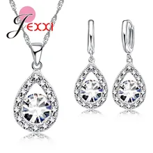 JEXXI 925 Silver Cubic Zirconia Wedding Jewelry Sets For Brides Water Drop Women Crystal Pendants Necklace Earrings Set