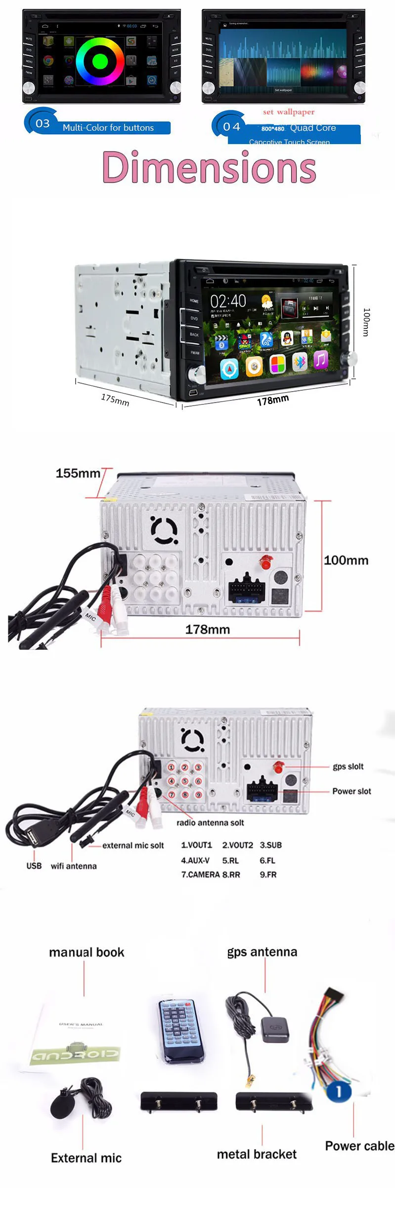 Sale 6.2 Inch Android 8.1 Double Din Car dvd Player universal 2 din car radio stereo gps navigaton with usb/map/bluetooth/3G/4G/wifi 50