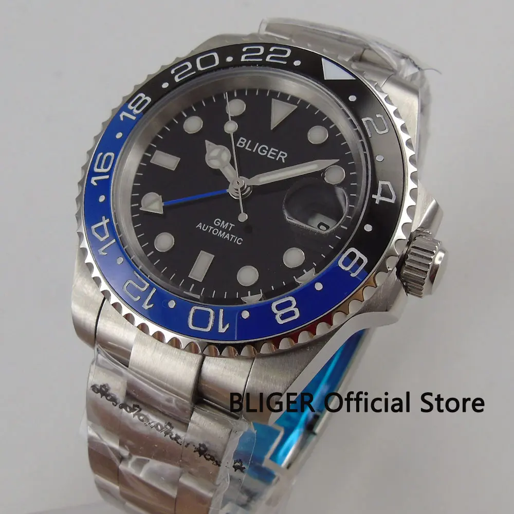 Sapphire Glass BLIGER 40mm Black Dial Blue Black Ceramic Bezel GMT Pointer Luminous SS Strap Automatic Movement Men's Watch B176 Sapphire Glass BLIGER 40mm Black Dial Blue Black Ceramic Bezel GMT Pointer Luminous SS Strap Automatic Movement Men's Watch B176