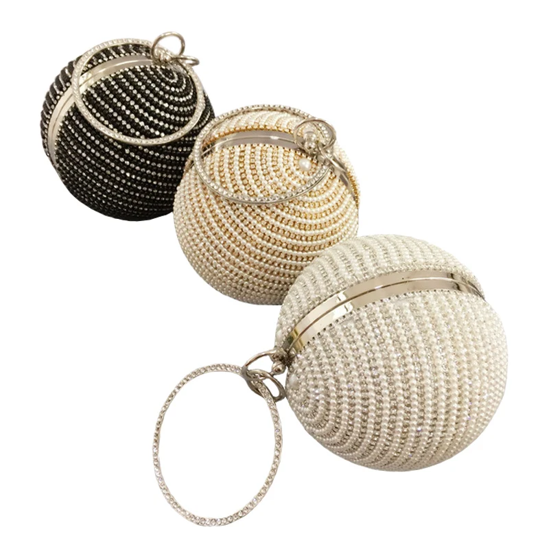 

2017 Round Crystal Pearl Evening Hand Bags Famous Elegant Ladies Mini Wedding Dinner Party Clutch Bag Gold Black Silver XA133H
