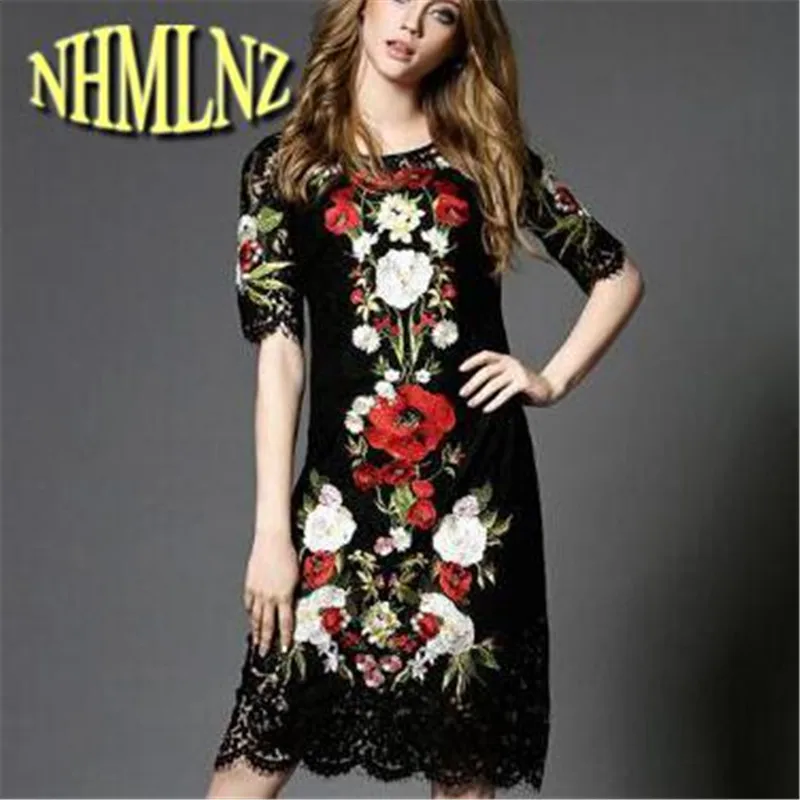 

2020 Spring Large size Printing Women Dress New Fashion Lace Comfortable Medium long Slim Round collar Women Dress S-4XL OK186