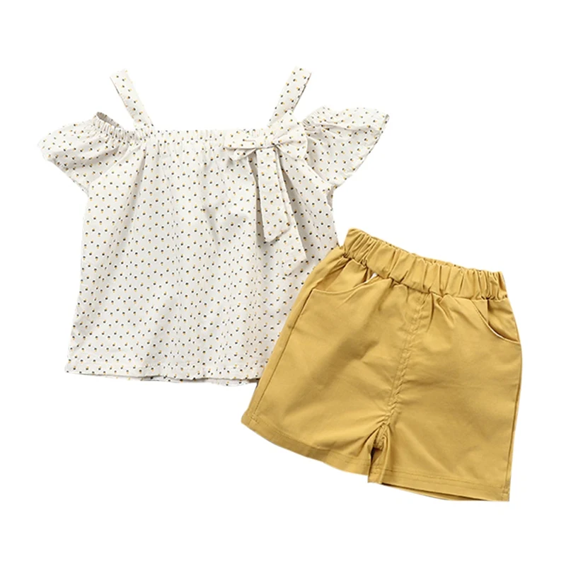 Одежда для маленьких девочек летняя футболка в горошек с открытыми плечами и расклешенными рукавами для маленьких девочек топы и шорты