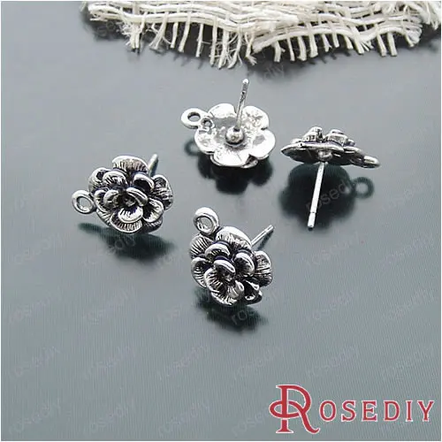 

Wholesale Antique Silver color Steel Stud Earrings with 12mm Alloy Flower and a Hanging Hole Diy Findings 20 pieces(JM4880)