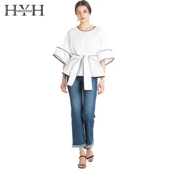 

HYH HAOYIHUI Summer Women Blouse Solid White Tie Front Soft Casual Loose Shirt Half Sleeve Crew Neck Pullover Blouses