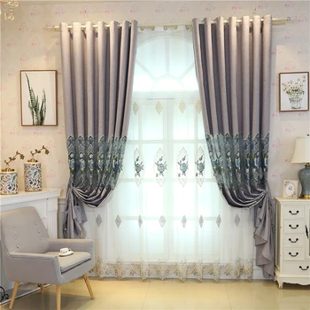 

High quality grey embroidered flat window curtains for bedroom kitchen classic elegant luxury Voile Curtain for living room