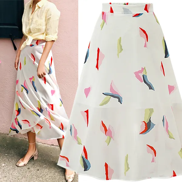 

Europe and the United States wind white gauze floral chiffon skirts 2019 womens midi korean tulle high waist summe vintage