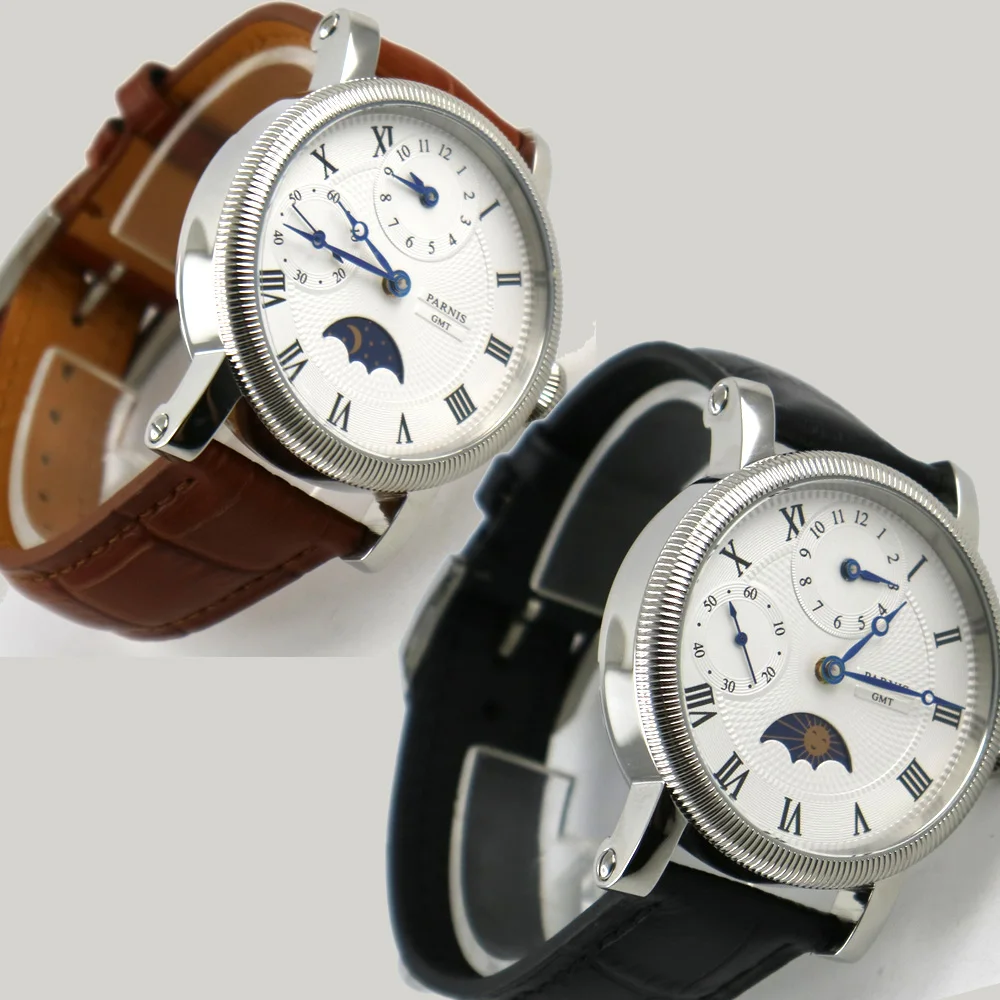 Cena 42mm parnis biała tarcza niebieskie znaki skórzany pasek GMT faza księżyca automatyczny męski zegarek mechaniczny