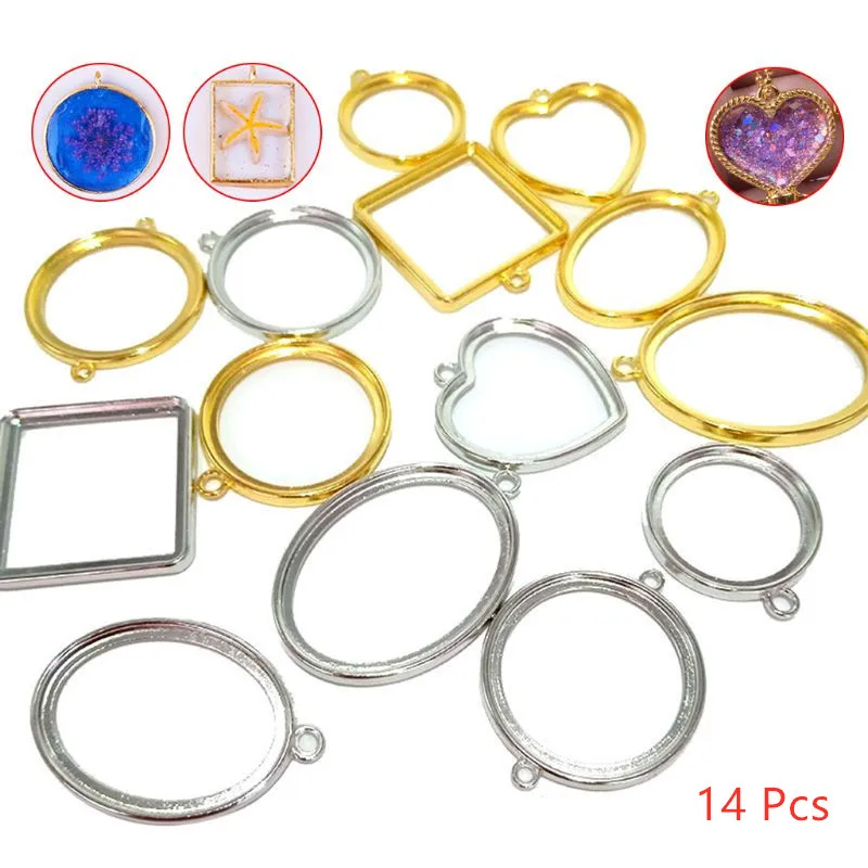 

14 Pcs/set UV Empty Frame Epoxy Border Alloy Material Pendant Necklace Border Bottom Bracket Jewelry Making Accessories