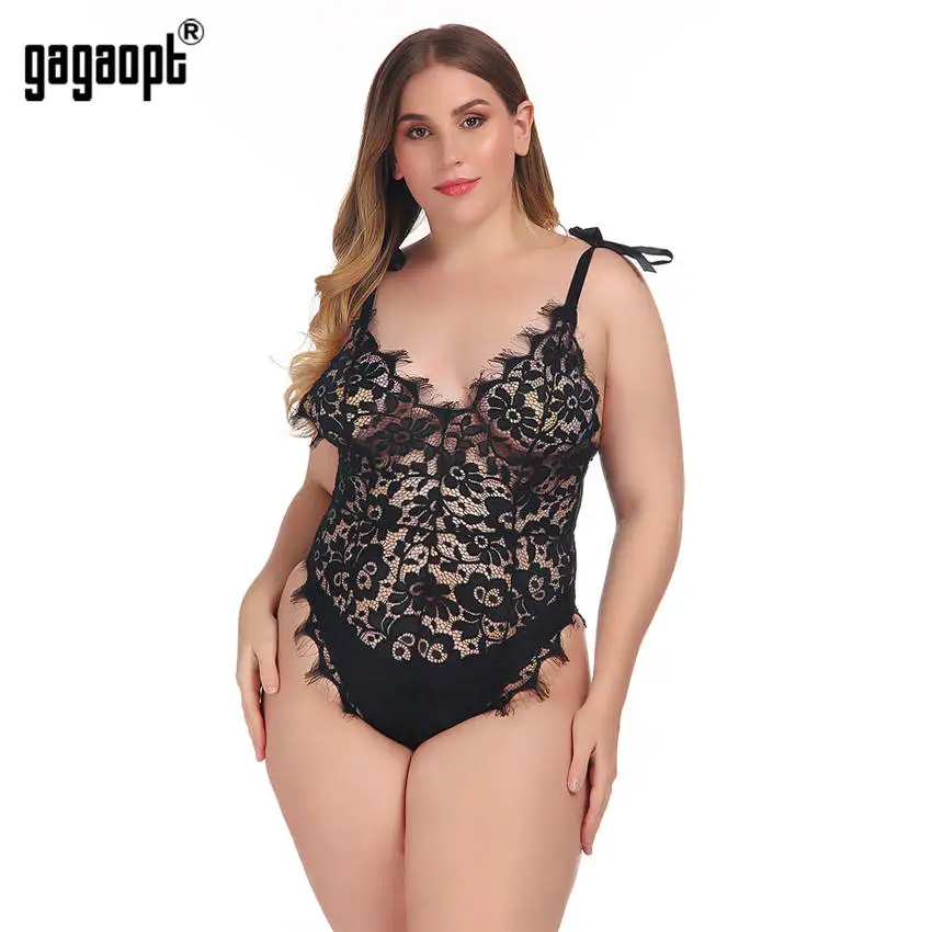 Gagaopt 2019 Spring Plus Size Lace Bodysuit Women Floral Sexy Bodysuit Bowknot Black Bodysuit Jumpsuit Overalls Sleepwear sexy bodysuit Bodysuits