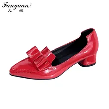 Hot Shoes Women Casual Sweet Pumps Patent Leather Bow Pointed Toe Thick Low Heels Slip On 2017 Spring Female Red Pumps Big Size