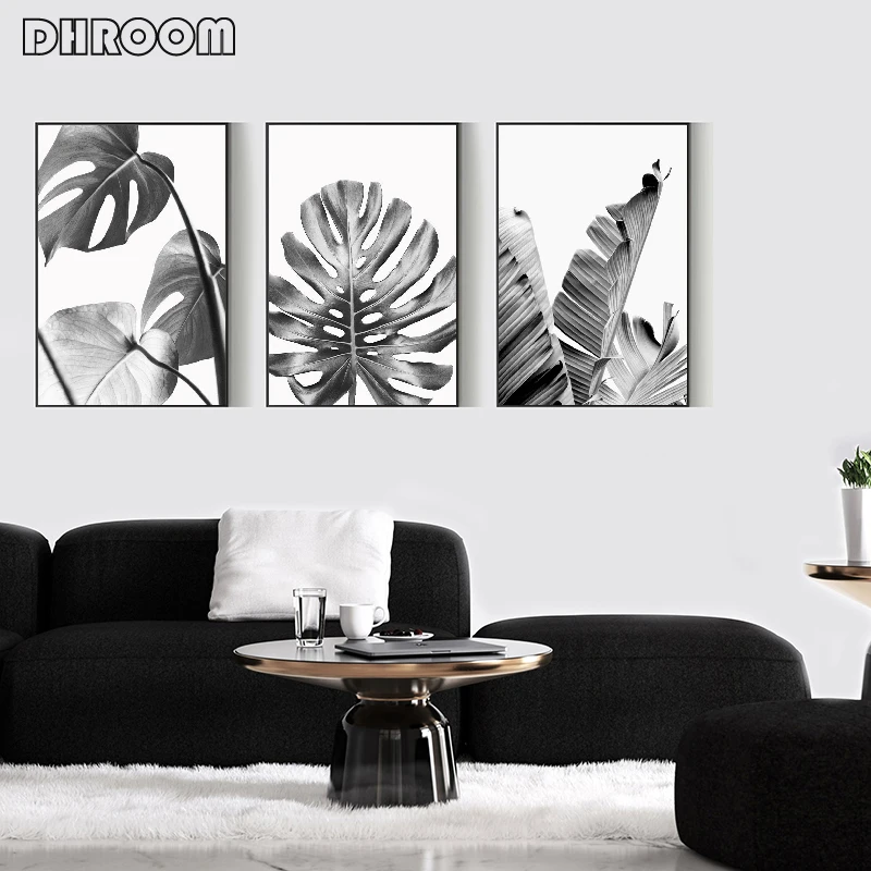 Black White Leaves Wall Art Tropical Leaf Canvas Poster Print Palm