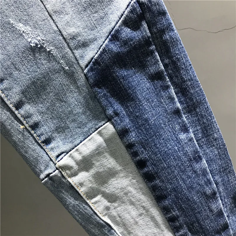 Европейский Стиль джинсы Для женщин Высокая талия джинсы Повседневное потертые джинсы из денима лоскутное женский тонкий Модные женские качественные джинсы K478