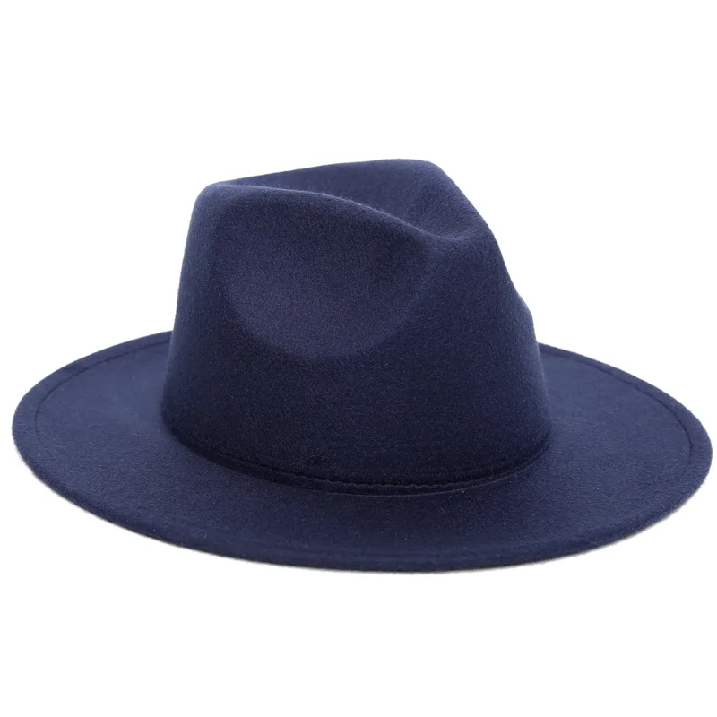 Шерстяная шляпа Fedora, Шляпа Fedora, топ, винтажная шляпа для девочек, с большими плоскими полями, фетровые шляпы для женщин, британский стиль, шерстяная Женская джазовая круглая Кепка - Цвет: Navy