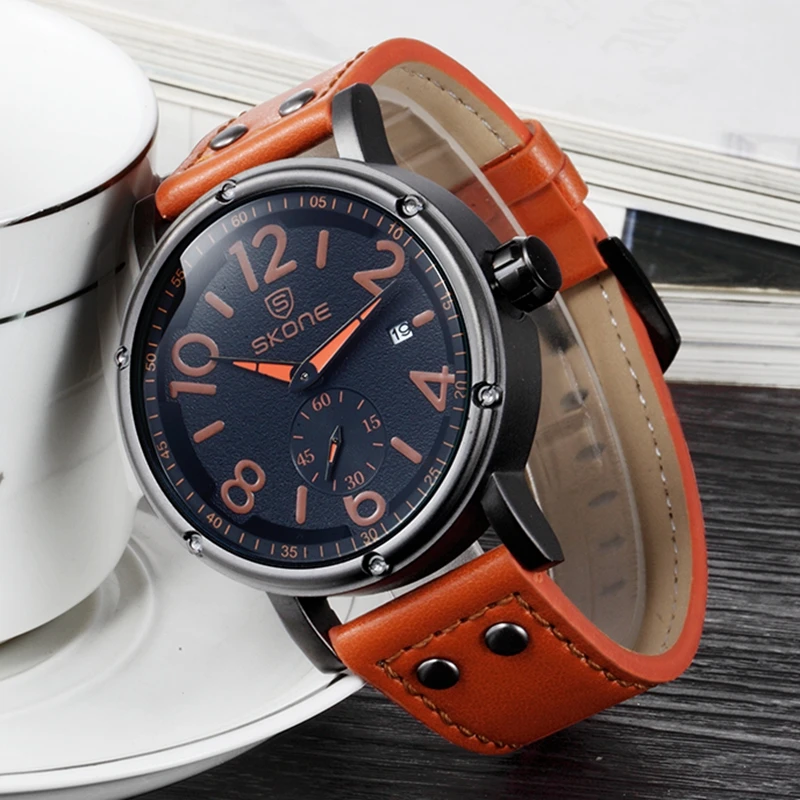 SKONE Brand Men's Military Watches Large Dial Big Digit Personality Second Hand Leather Wristwatch