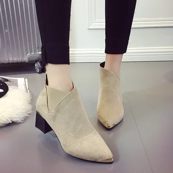 

2019 women ankle riding boots shoes winter autumn warm black solid pointed toe square heel 6.5 cm Metal fashion female shoes