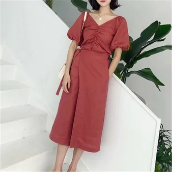 

2018 Summer New Retro Red V-Collar Bubble Short Sleeve Dress Open Skirt Little Red Skirt Girl Summer