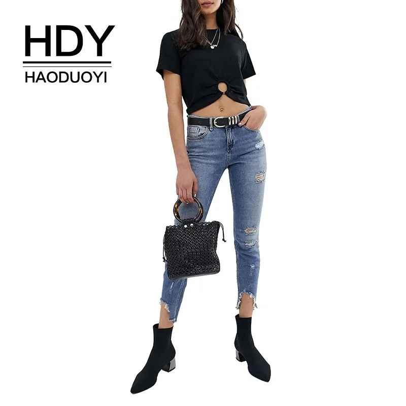 

HDY Haoduoyi Femme Summer Fashion Stylish Sexy Solid Color Tops O-collar Casual Annular Hollow Out Midriff Short Black T-shirts