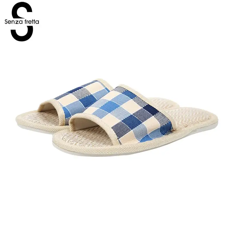 

Senza Fretta Autumn Men Shoes Home Soft Slippers Plaid Linen Warm Slippers Indoor Bedroom Slippers Couple Floor Warm Shoes Men